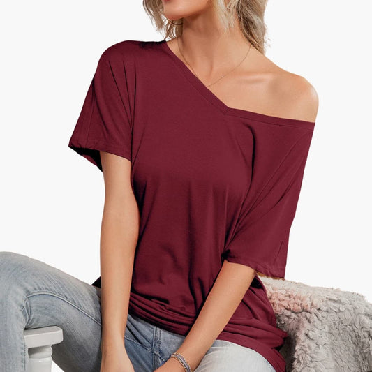 Women's Short Sleeve T-Shirt Crew Neck Asymmetrical Hem - Fashinoza