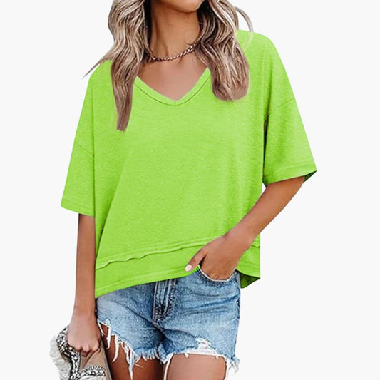 Women's Oversized V-Neck Short Sleeve T-Shirt - Fashinoza