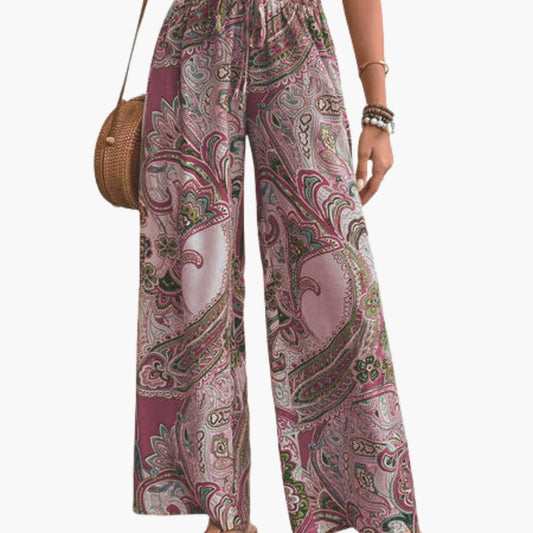 Women's Paisley Print Palazzo Pants Elastic Waistband - Fashinoza