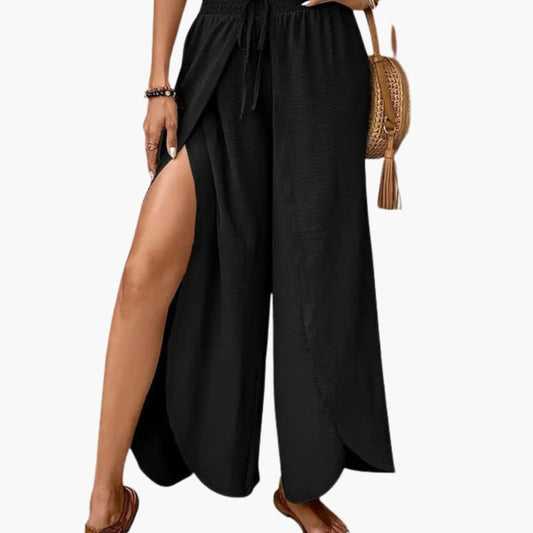 Women's Palazzo Pants Drawstring Waist Side Slits - Fashinoza