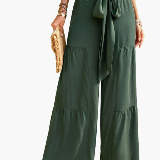 Women's Palazzo Pants Ruffle Detail Tie Belt - Fashinoza