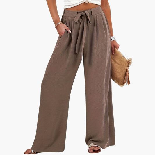 Women's Palazzo Pants Tie Waist Side Pockets - Fashinoza