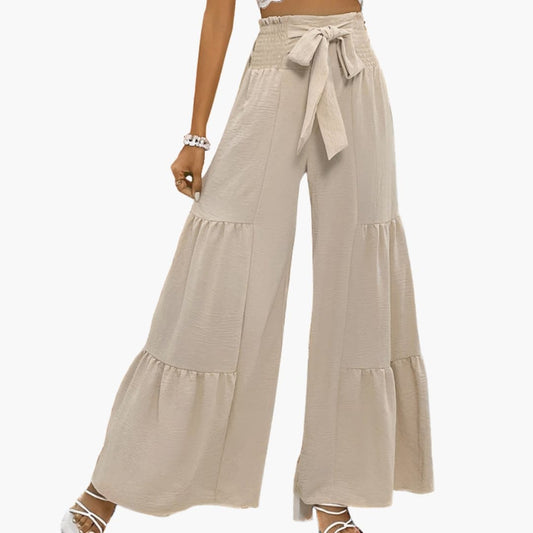 Women's Palazzo Pants Ruffled Hem Waist Belt - Fashinoza