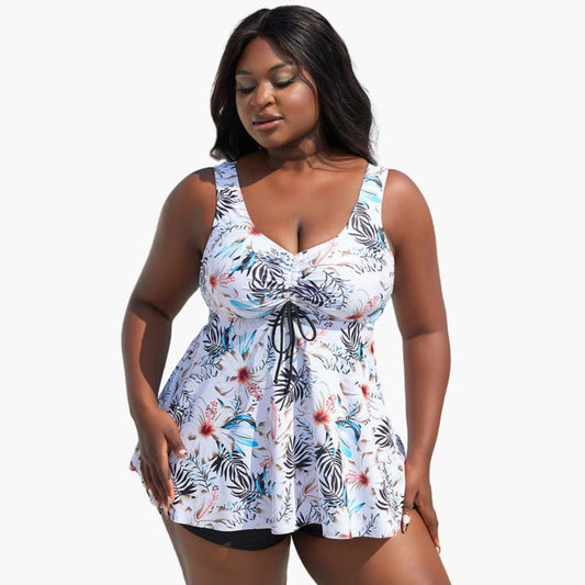 Women's Plus Size Floral Tankini Swimsuit Mid-Rise Bottom - Fashinoza