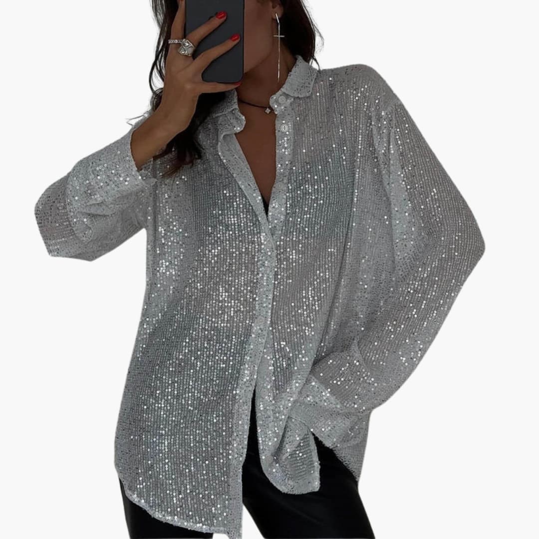 Women's Glitter Blouse Long Sleeve Round Neck Shimmer