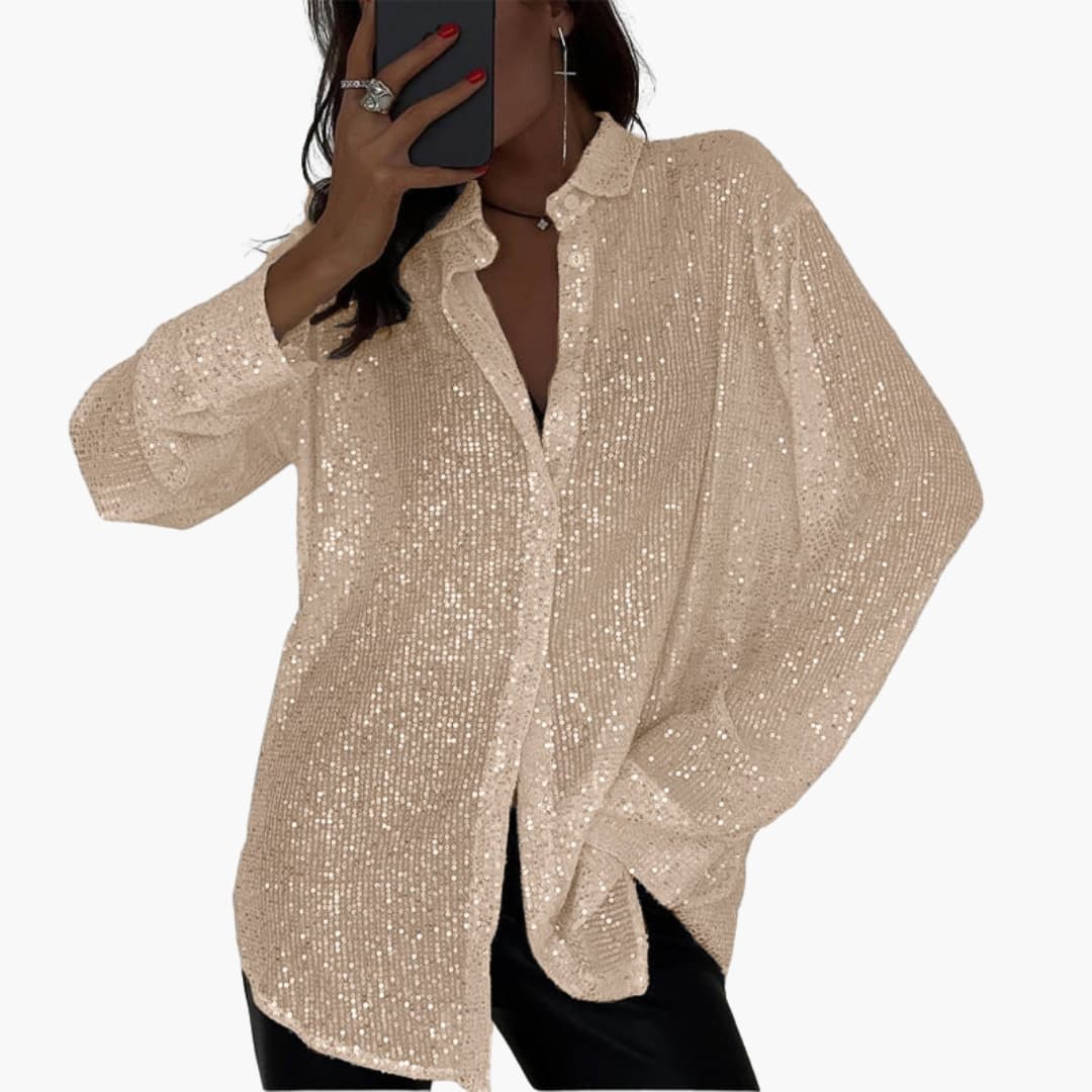 Women's Glitter Blouse Long Sleeve Round Neck Shimmer - Fashinoza