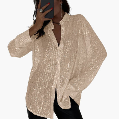 Women's Glitter Blouse Long Sleeve Round Neck Shimmer - Fashinoza