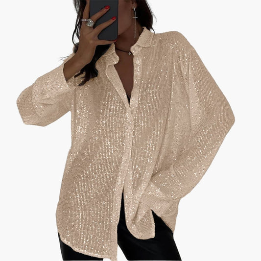 Women's Glitter Blouse Long Sleeve Round Neck Shimmer - Fashinoza