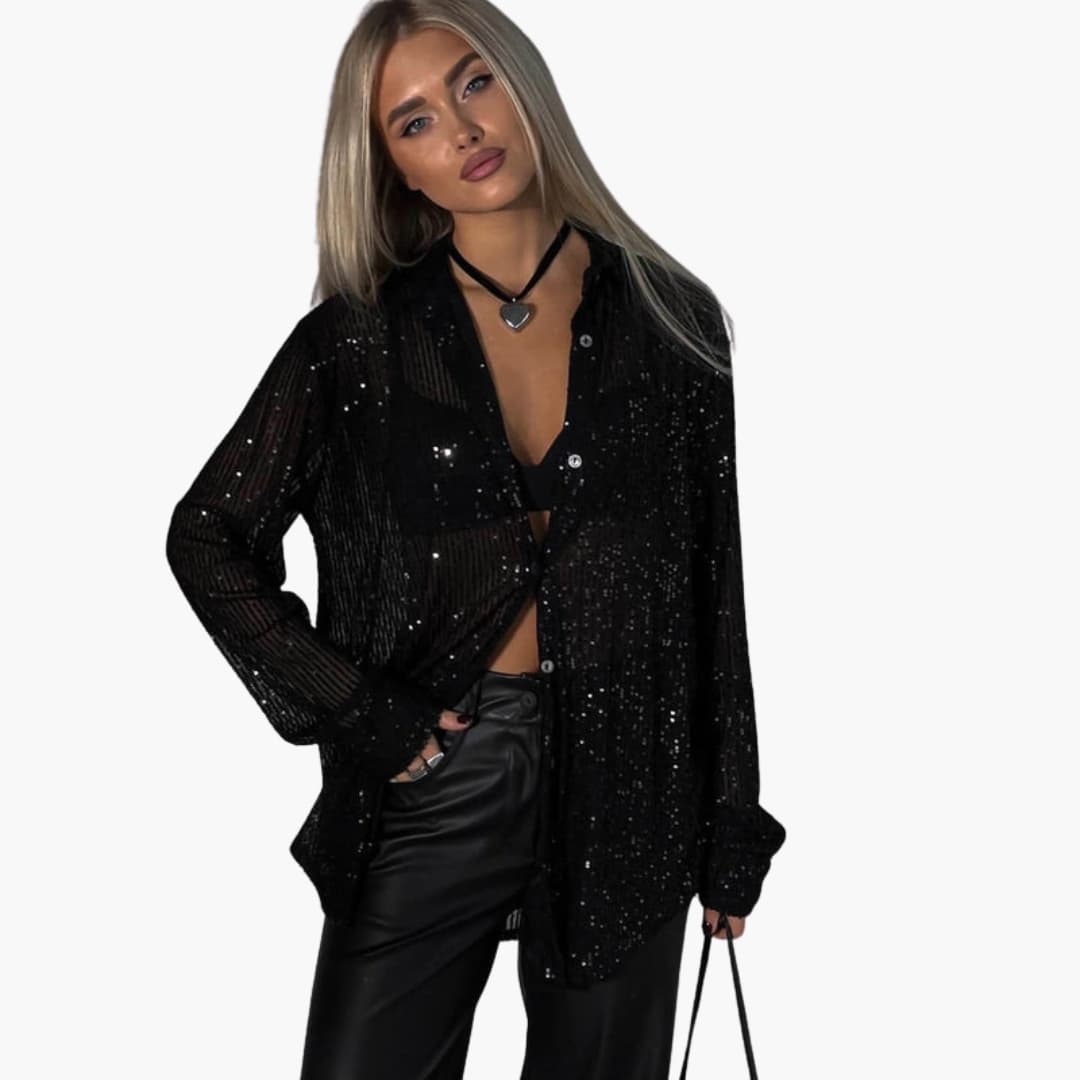 Women's Glitter Blouse Long Sleeve Round Neck Shimmer