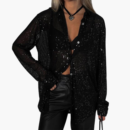 Women's Glitter Blouse Long Sleeve Round Neck Shimmer