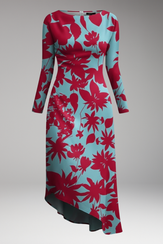 Women's Long Sleeve Printed Dress Irregular Hem - 
Fashinoza