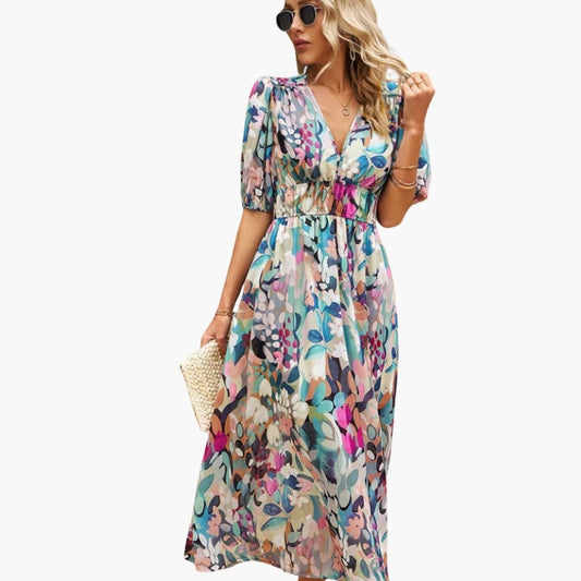 Women's Short Sleeve Midi Dress Loose Fit Printed Everyday - Fashinoza