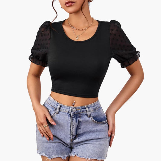 Women's Cropped Puff Sleeve Sheer - Fashinoza