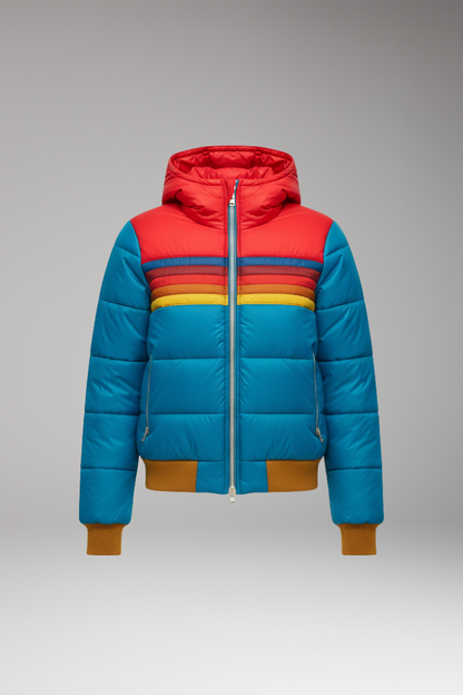 Women's Puffer Jacket Retro Striped Hooded - 
Fashinoza