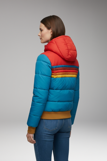 Women's Puffer Jacket Retro Striped Hooded