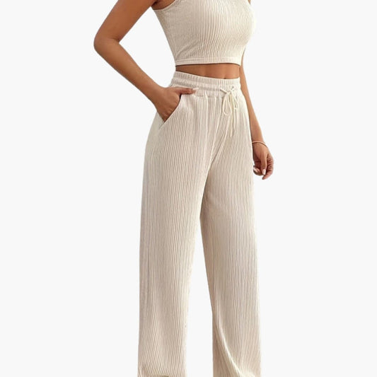Women's Ribbed Knit Crop And Loose Pant Set - Fashinoza