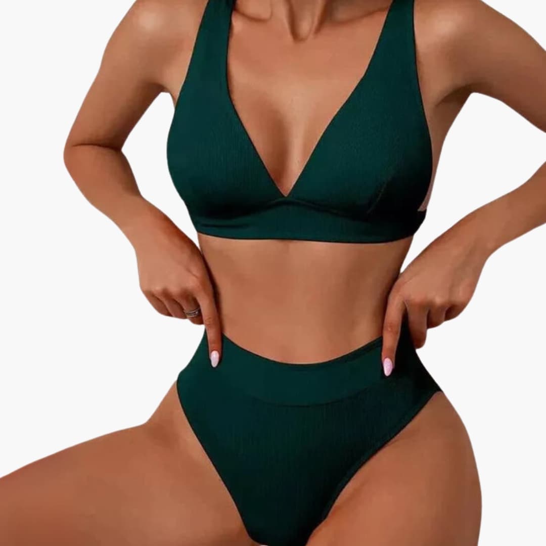 Women's Ribbed Bikini Set Wide Strap High Cut Bottom