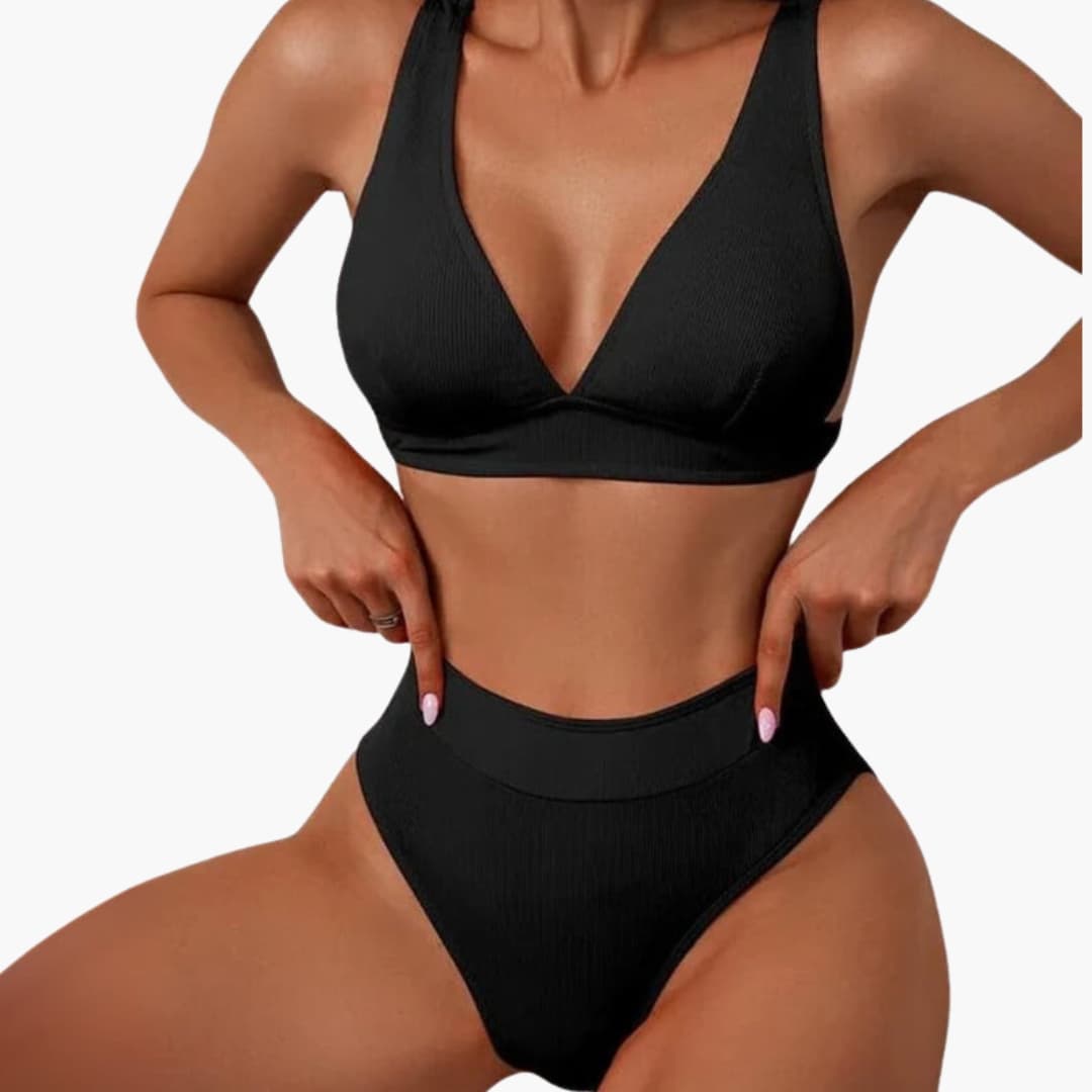 Women's Ribbed Bikini Set Wide Strap High Cut Bottom