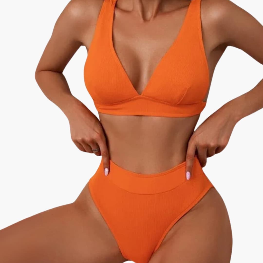 Women's Ribbed Bikini Set Wide Strap High Cut Bottom - Fashinoza