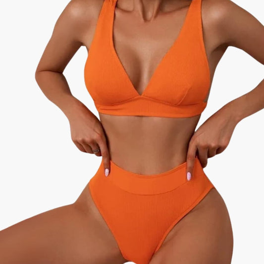 Women's Ribbed Bikini Set Wide Strap High Cut Bottom - Fashinoza