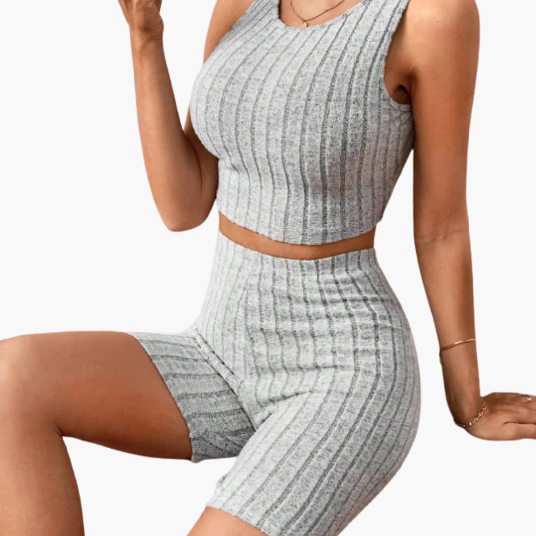 Women's Ribbed Lounge Set Crop and Shorts - Fashinoza