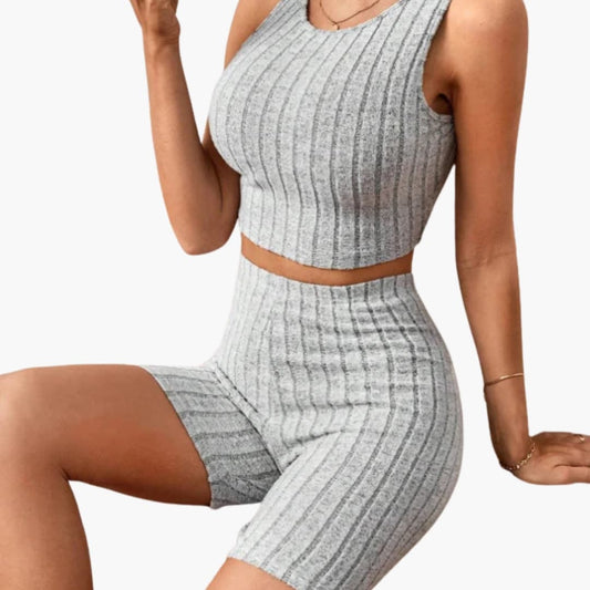 Women's Ribbed Lounge Set Crop and Shorts - Fashinoza