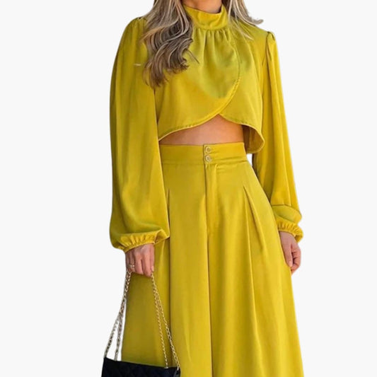 Women's Ruffle Crop And Wide Leg Pants Set - Fashinoza