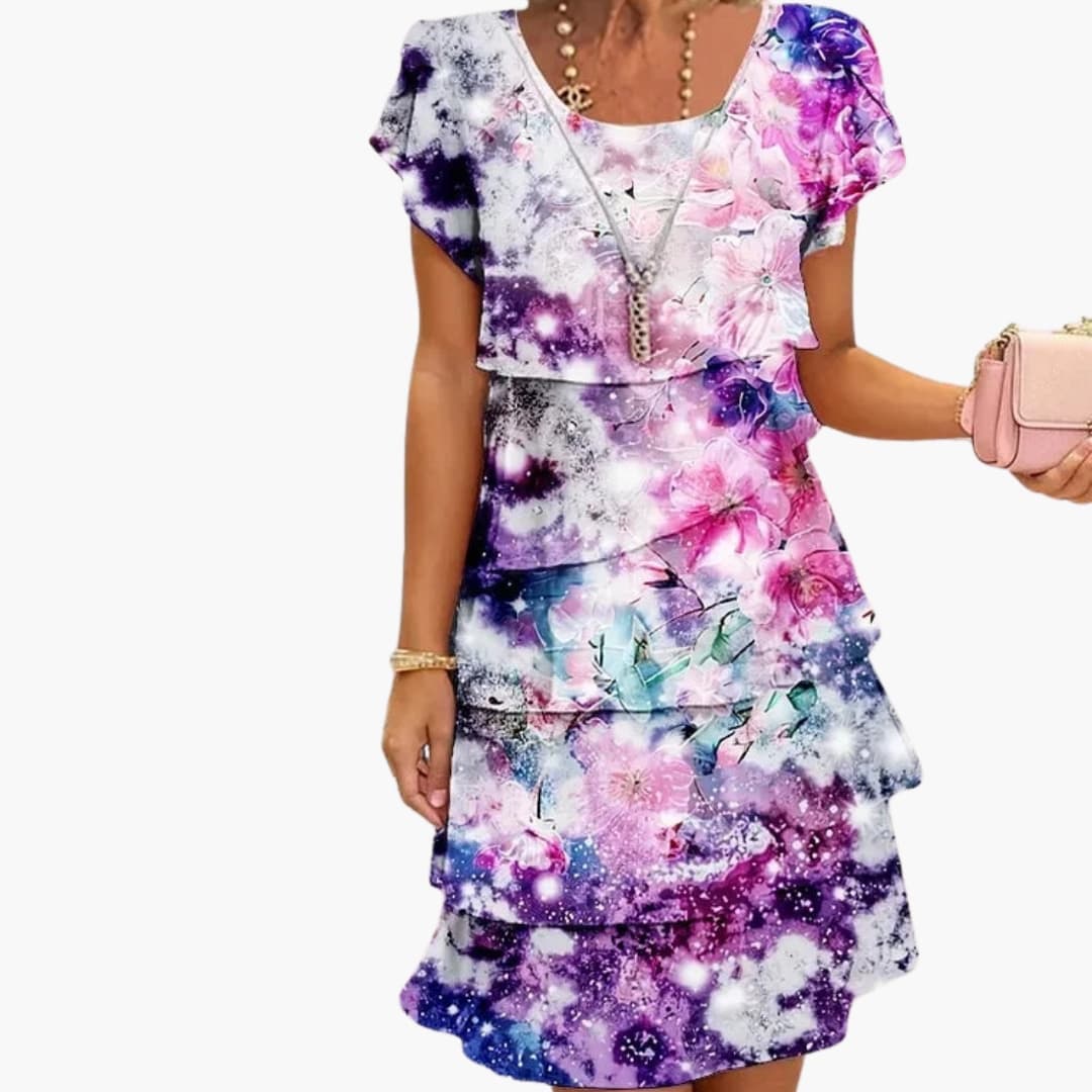 Women's Pleated Midi Dress Short Sleeve Printed