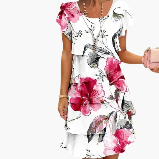 Women's Pleated Midi Dress Short Sleeve Printed - Fashinoza