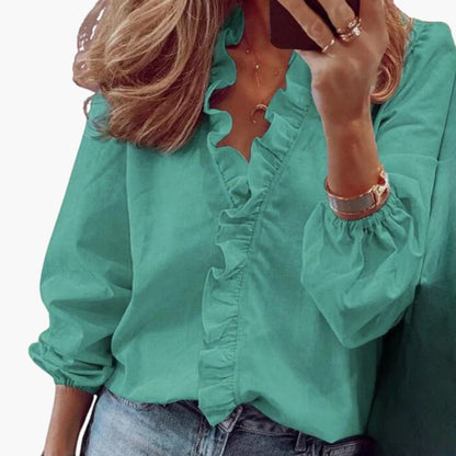 Women's V-Neck Blouse Long Sleeve Woven White