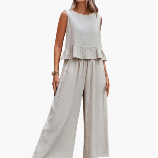 Women's Sleeveless Wide Leg Jumpsuit V-Neck Ruffle - Fashinoza