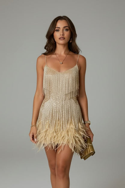 Women's Sequin Mini Dress Feather Hem