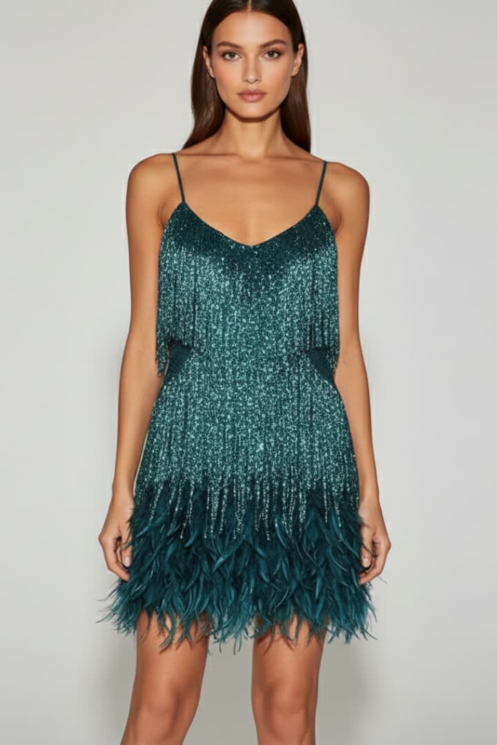 Women's Sequin Mini Dress Feather Hem