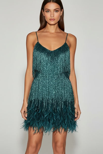 Women's Sequin Mini Dress Feather Hem