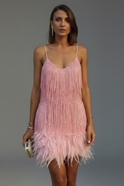 Women's Sequin Mini Dress Feather Hem