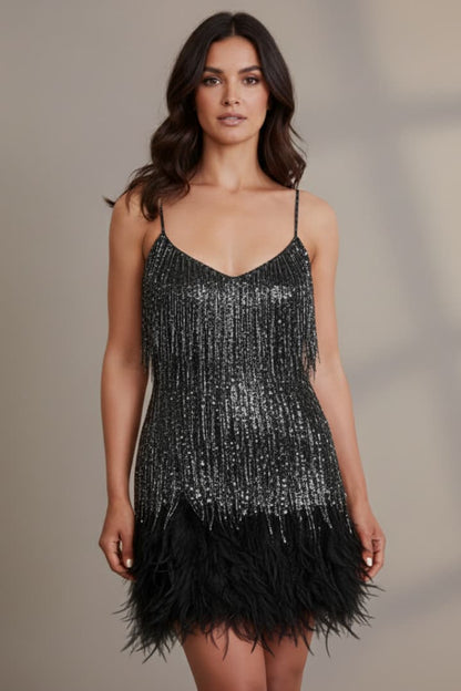 Women's Sequin Mini Dress Feather Hem