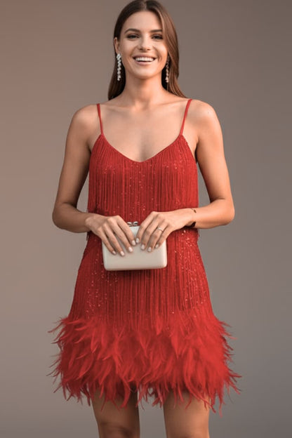 Women's Sequin Mini Dress Feather Hem