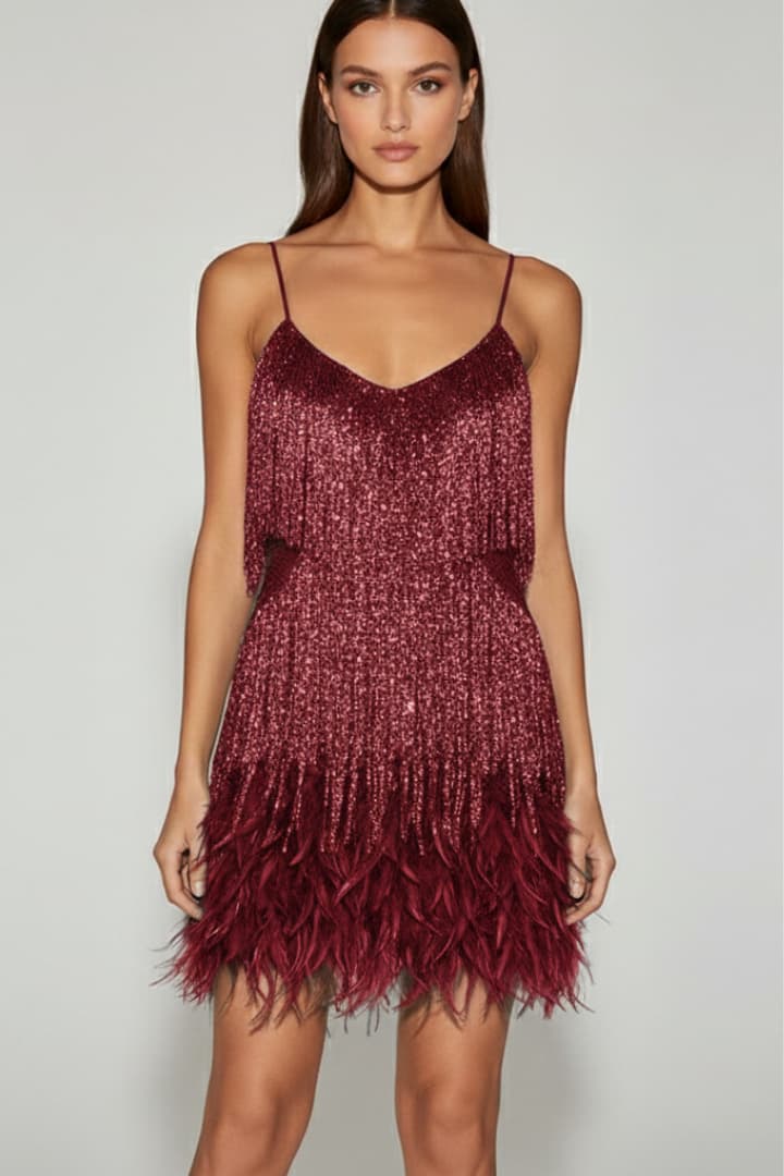 Women's Sequin Mini Dress Feather Hem