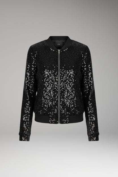 Women's Textured Sequin Jacket Zipper Ribbed Hem - 
Fashinoza
