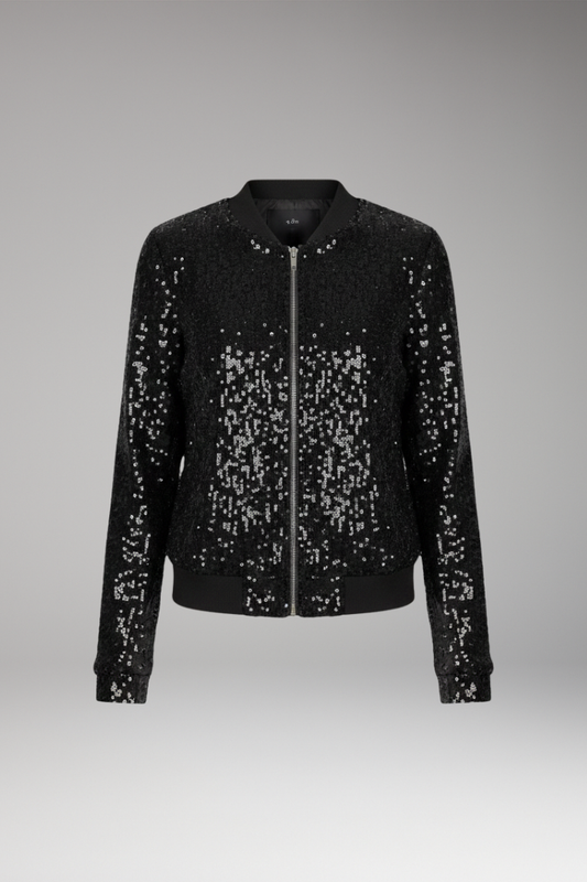 Women's Textured Sequin Jacket Zipper Ribbed Hem - 
Fashinoza