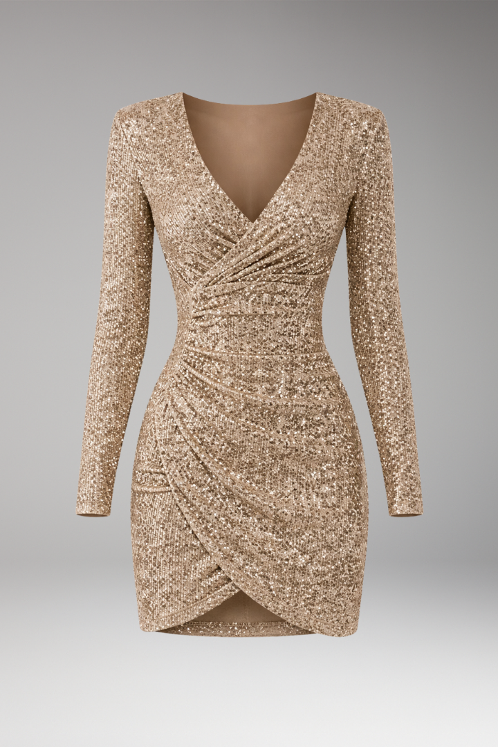 Women's V-Neck Sequined Dress Asymmetrical Hem - 
Fashinoza