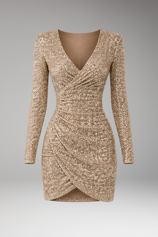 Women's V-Neck Sequined Dress Asymmetrical Hem - 
Fashinoza
