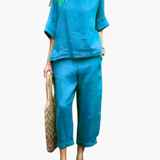 Women's Short Sleeve Two Piece Set Round Neck Elastic Waist Pants - Fashinoza