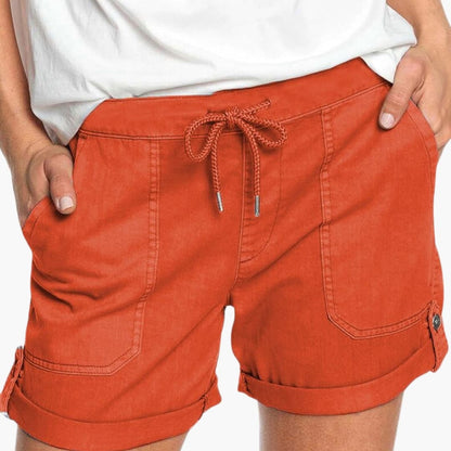 Women's Drawstring Shorts Cuffed Hem Cotton Beige