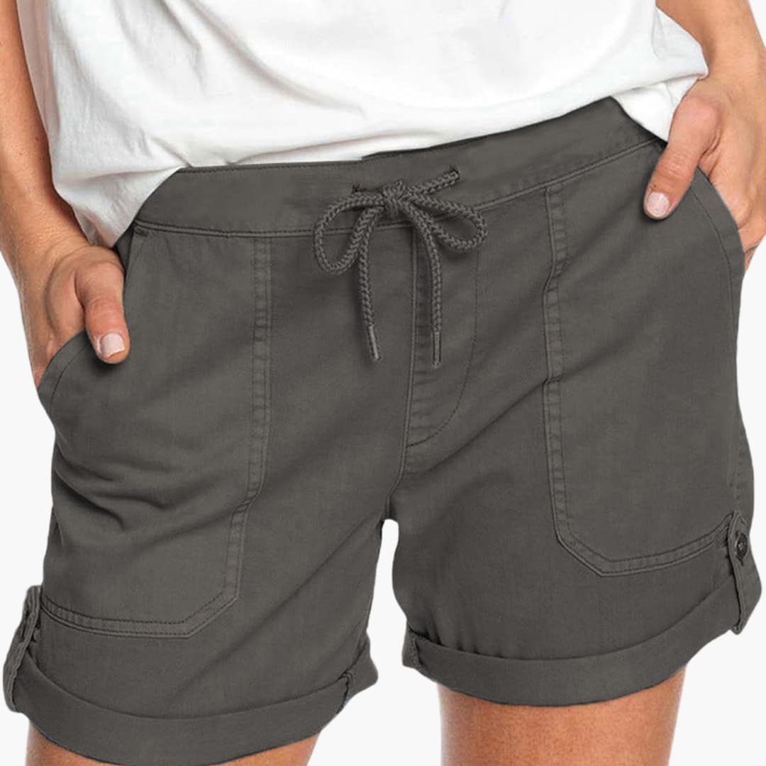 Women's Drawstring Shorts Cuffed Hem Cotton Beige
