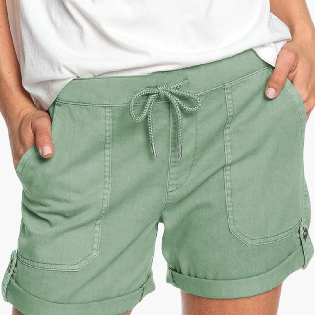 Women's Drawstring Shorts Cuffed Hem Cotton Beige