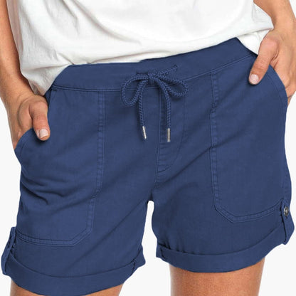Women's Drawstring Shorts Cuffed Hem Cotton Beige