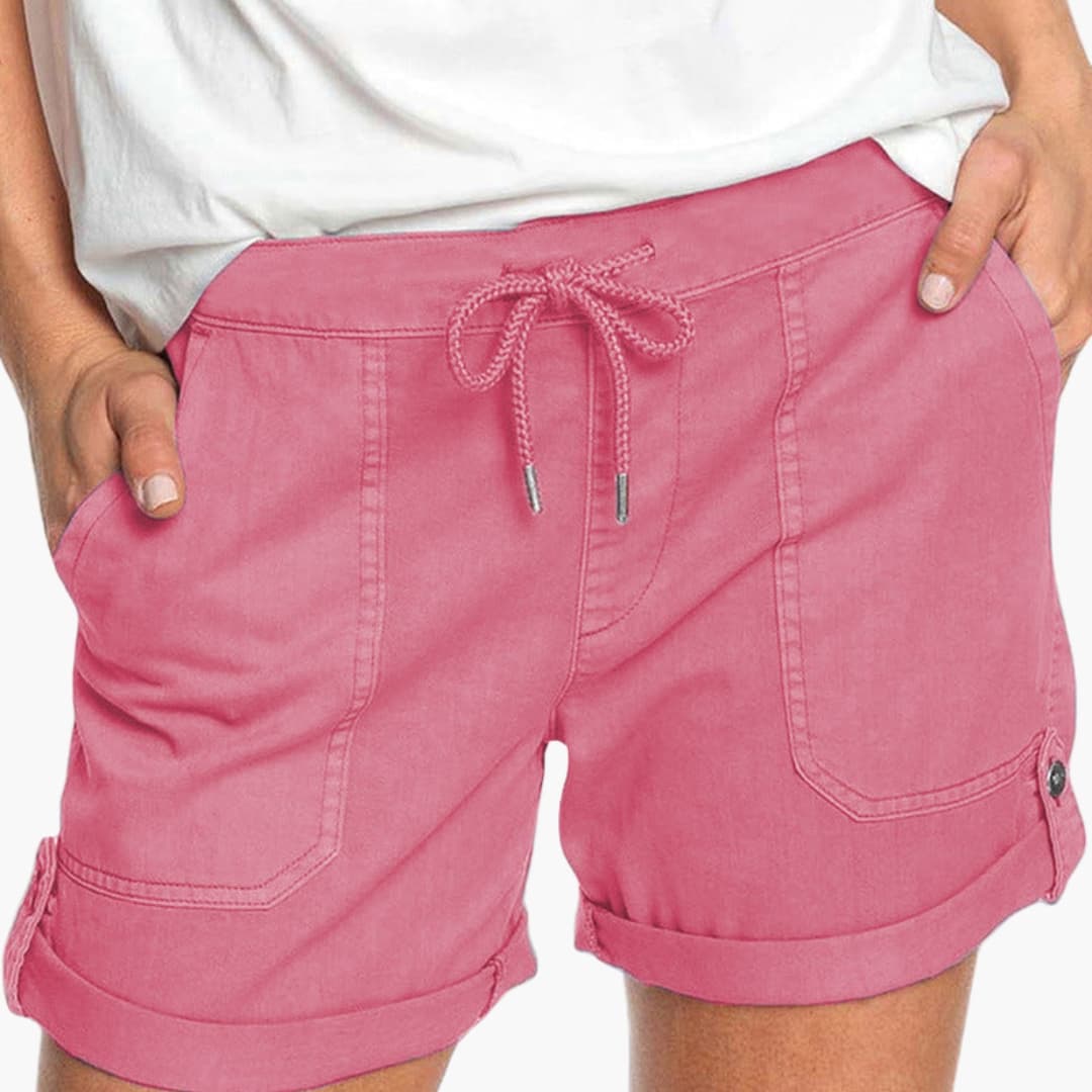 Women's Drawstring Shorts Cuffed Hem Cotton Beige