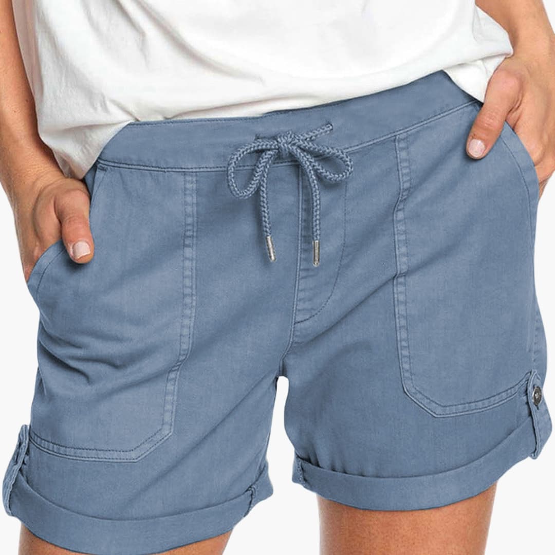 Women's Drawstring Shorts Cuffed Hem Cotton Beige - Fashinoza