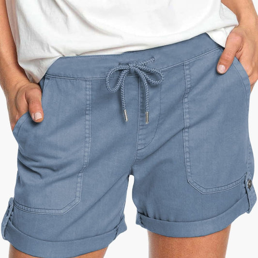 Women's Drawstring Shorts Cuffed Hem Cotton Beige - Fashinoza